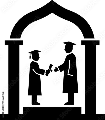 Student graduating ceremony with graduate receiving diploma from teacher or dean under academic arch. Education success symbol. Vector icon