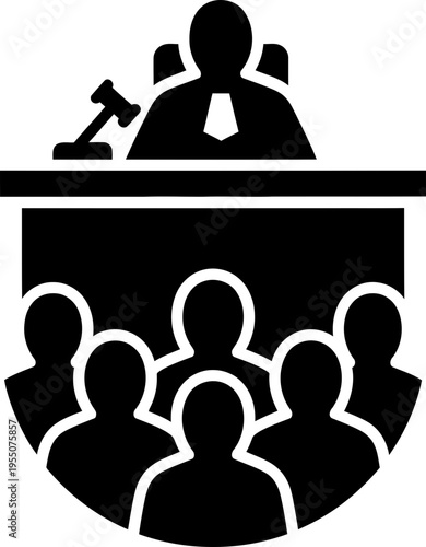 Judge in a courtroom with audience, legal justice concept. Simple flat style vector illustration for court, law, criminal, civil design