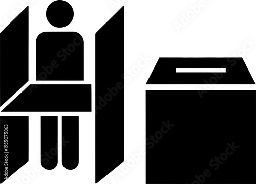 Man casting vote at polling booth with ballot box. Election concept. Political participation symbol. Black and white vector icon for banner, poster design