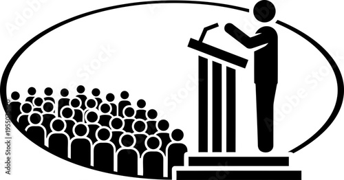 Man speaker giving a speech from tribune to a crowd of people. Public speaking, conference, presentation concept. Vector icon for business