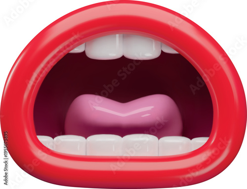 3D oval-shaped mouth with red lips, teeth, and tongue, emotions, emoji.