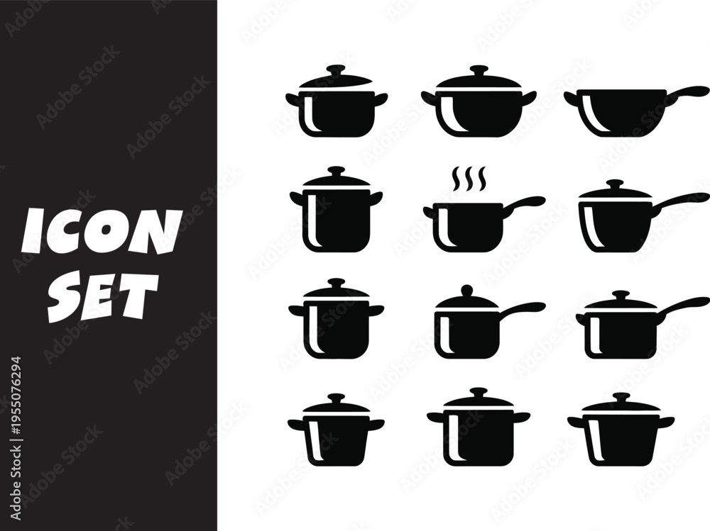 Obraz premium Set of black and white kitchen pot and pan icons for graphic design use