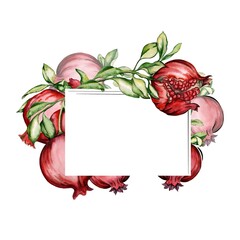 Bright red pomegranate watercolor frame