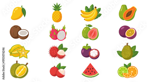 Collection of diverse tropical fruits including mango, pineapple, banana, papaya, coconut, dragon fruit, guava, passion fruit, star fruit, lychee, mangosteen...