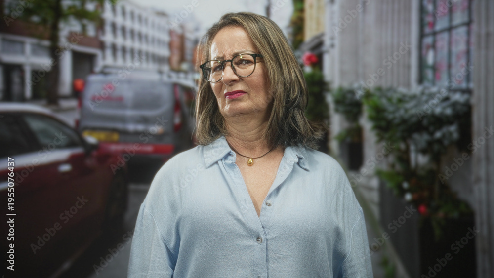Fototapeta premium Hispanic woman with glasses and gold pendant necklace frowning, chin raised, on a city street; skepticism solitude.