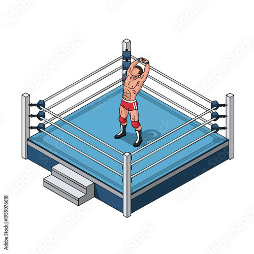 A muscular wrestler in red attire standing with arms raised in a blue wrestling ring with silver railings. Perfect for sports, wrestling, and fitness materials.