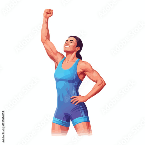 A muscular woman wearing a blue wrestling singlet, triumphantly raising her arm in victory, depicted in a vibrant digital illustration with bold lines and bright colors on a white