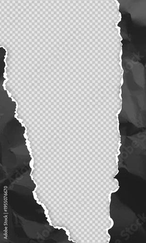 Black torn paper sheet frame, vertical edges with empty space on transparent background, vector ripped crumpled page
