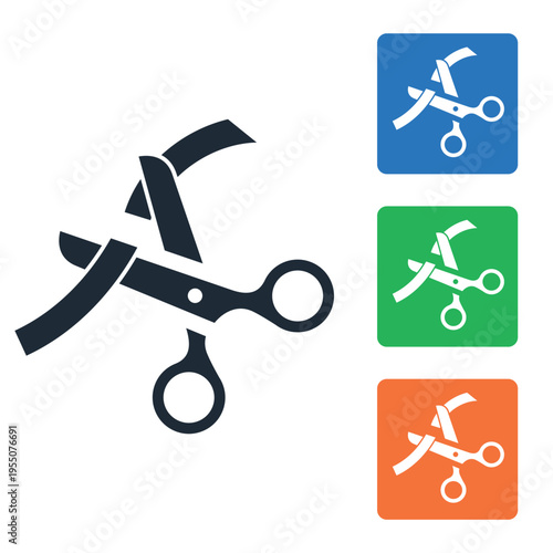 Scissors cutting a ribbon. Symbol of the opening ceremony. The beginning of a new project. Vector  icon, illustration isolated on a white background.