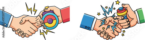 Cartoon hands shaking with business deal symbols and money