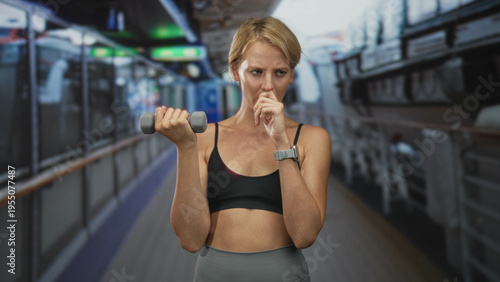 Free Download Woman holding dumbbell with bent arm and visible midriff performing a bicep curl in a building corridor, wearing bra and smartwatch; determination. - GFXLoad
