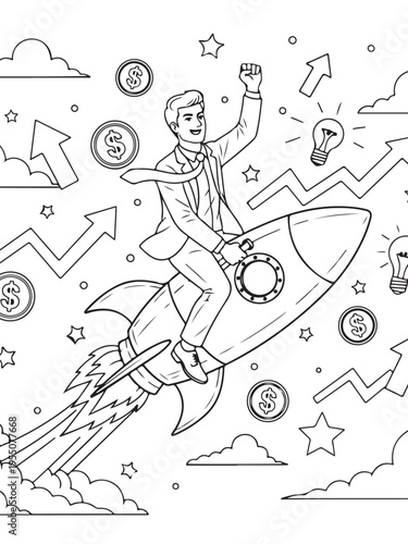 Businessman rides rocket achieve success fast coloring page