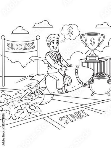 Businessman rides rocket achieve success fast coloring page
