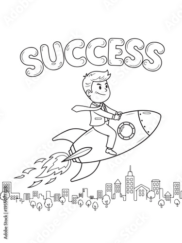 Businessman rides rocket achieve success fast coloring page
