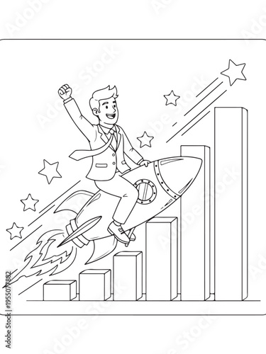 Businessman rides rocket achieve success fast coloring page