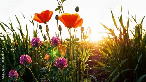 Scenic display of vibrant orange poppies and purple clover with bright sunlight shining through blades of grass