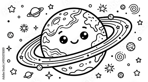 Smiling Cartoon Planet with Rings.