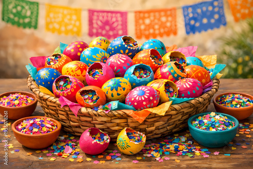 Vibrant cascarones display with hand-painted confetti eggs in bright colors. Rustic basket, spilled confetti, papel picado background. Festive Mexican tradition stock photography.