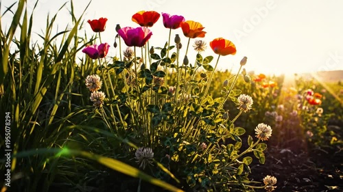 Tranquil field of colorful poppies and wildflowers bathed in warm sunlight during golden hour creating peaceful nature scene