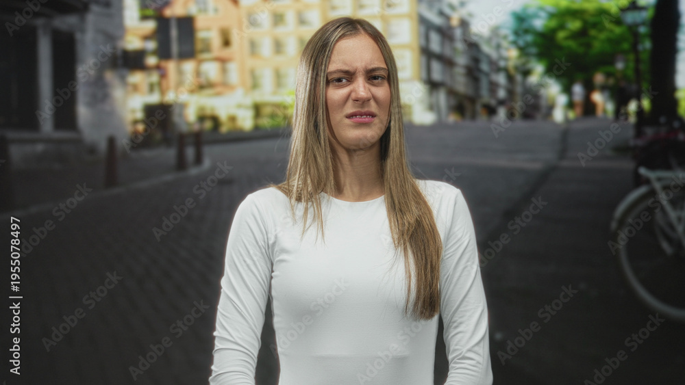 Fototapeta premium Young hispanic woman grimaces with scrunched nose and pursed lips on a street, standing center frame; annoyance.