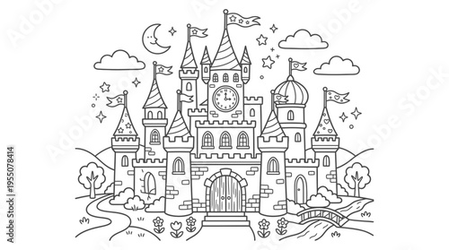 Fantasy Castle with Towers and Flags.