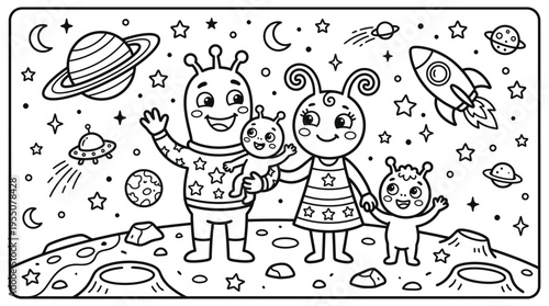 Smiling Alien Family on Moon Surface.