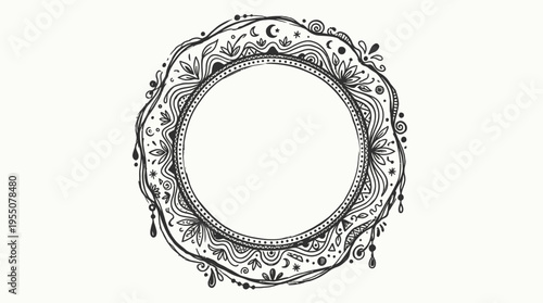 Intricate decorative circular frame with floral patterns and celestial motifs for artistic projects