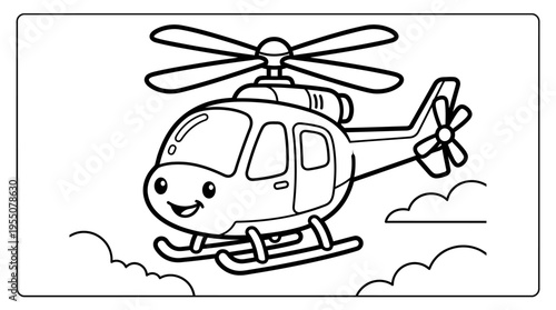 Smiling cartoon helicopter in flight.