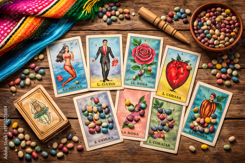 Traditional Lotería game setup with vintage cards and colorful pinto bean markers. Serape blanket background. Authentic Mexican entertainment stock image.