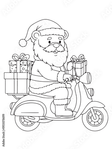 Christmas cartoon bear santa claus costume delivering gifts scooter coloring page