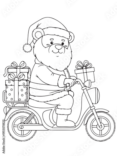 Christmas cartoon bear santa claus costume delivering gifts scooter coloring page