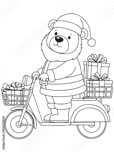Christmas cartoon bear santa claus costume delivering gifts scooter coloring page