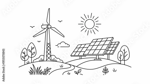 Green Energy Concept Illustration Wind Power and Solar Panel Technology Landscape