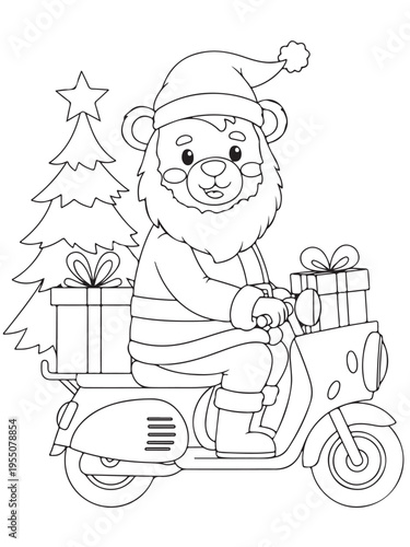 Christmas cartoon bear santa claus costume delivering gifts scooter coloring page