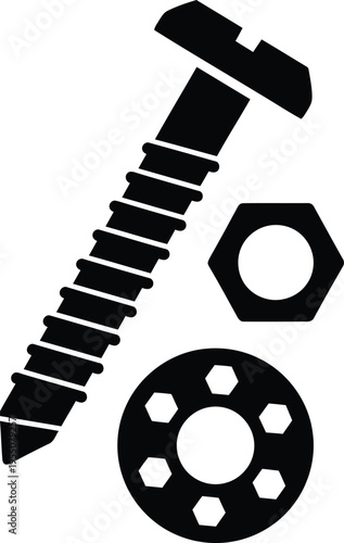 Minimalist black silhouette icon of industrial hardware including a screw bolt hexagonal nut and flat washer for construction engineering and mechanical repair design AI Generative