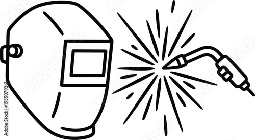 Minimalist black outline icon of a professional welding helmet and industrial torch with a starburst spark for industrial metalwork and construction trade design welder silhouette AI Generative