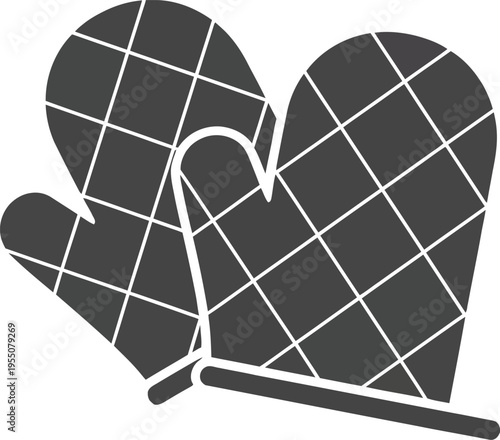 Minimalist grey and white silhouette icon of quilted protective oven mitts or heat resistant work gloves for kitchen safety and industrial hand protection concepts welder silhouette AI Generative
