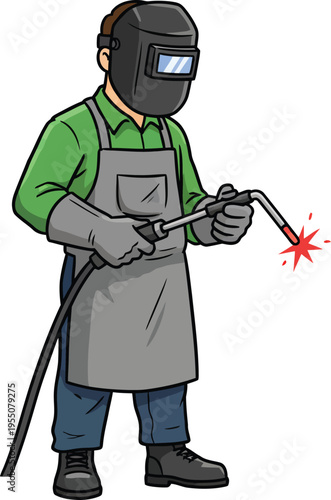Full body cartoon illustration of a professional welder wearing a mask green shirt and grey apron working with a torch and red sparks for industrial metalwork fabrication design AI Generative
