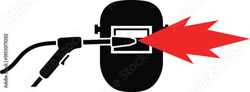 Professional black silhouette icon of a welding helmet with an industrial gas torch emitting a large vibrant red spark flash for metal fabrication and manufacturing trade design AI Generative
