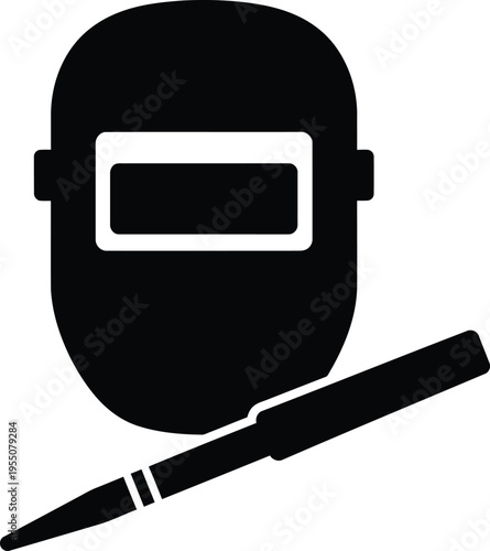 Minimalist black silhouette icon of a welding mask and a professional metal scribe or marking pen for industrial layout fabrication and precision metalwork trade concepts AI Generative
