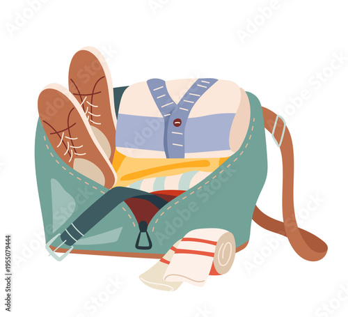 Open backpack with clothes and shoes. Travel packing concept for active lifestyle and trips Flat vector illustration of tourism, adventure and preparation, modern design element for print and branding