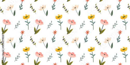 Seamless floral pattern with delicate hand drawn flowers and leaves isolated on transparent background. Soft pastel botanical design ideal for overlays, textiles, packaging, and branding