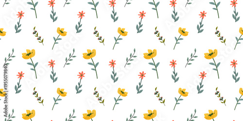 Seamless floral pattern with small stylized flowers and leaves isolated on transparent background. Minimal hand drawn botanical design in soft colors, ideal for overlays, textiles, and packaging