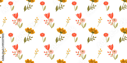 Seamless floral pattern with small hand drawn flowers and leaves isolated on transparent background. Cute botanical design in warm tones, perfect for overlays, textiles, packaging, and branding