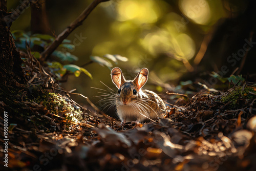Jerboa (Dipodidae family) - In a warm, dappled forest light, a tiny jerboa with translucent ears and long whiskers rests among autumn leaves and moss, its fur glowing.