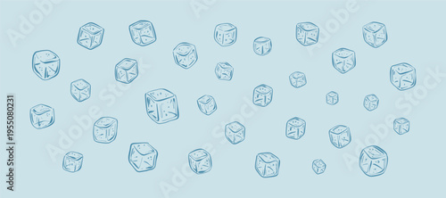 Ice cube in blue water hand drawn doodle background. Aqua sketch design. Sea salt blocks vector illustration. Frozen water cube pattern. Sugar crystals in the liquid. Soda cold drink summer bar design