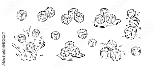 Set of hand drawn sketch doodle ice cube. Water frozen ice liquid splash crayon vector illustration. Outline line art icon. Sugar cubes dropping to the water, drink, cocktail. Summer bar background