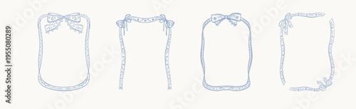 Set of blue pastel aesthetic filigree lace crochet borders for wedding invitation, girly decoration. Coquette bow ribbon frilly ruffle frames with delicate dainty embroidery. Victorian baroque design