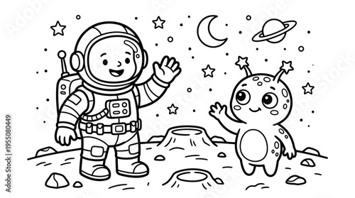 Astronaut and Alien on Moon Surface.