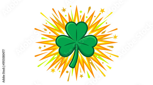 Vibrant green shamrock surrounded by explosive bursts of orange and yellow stars, festive design